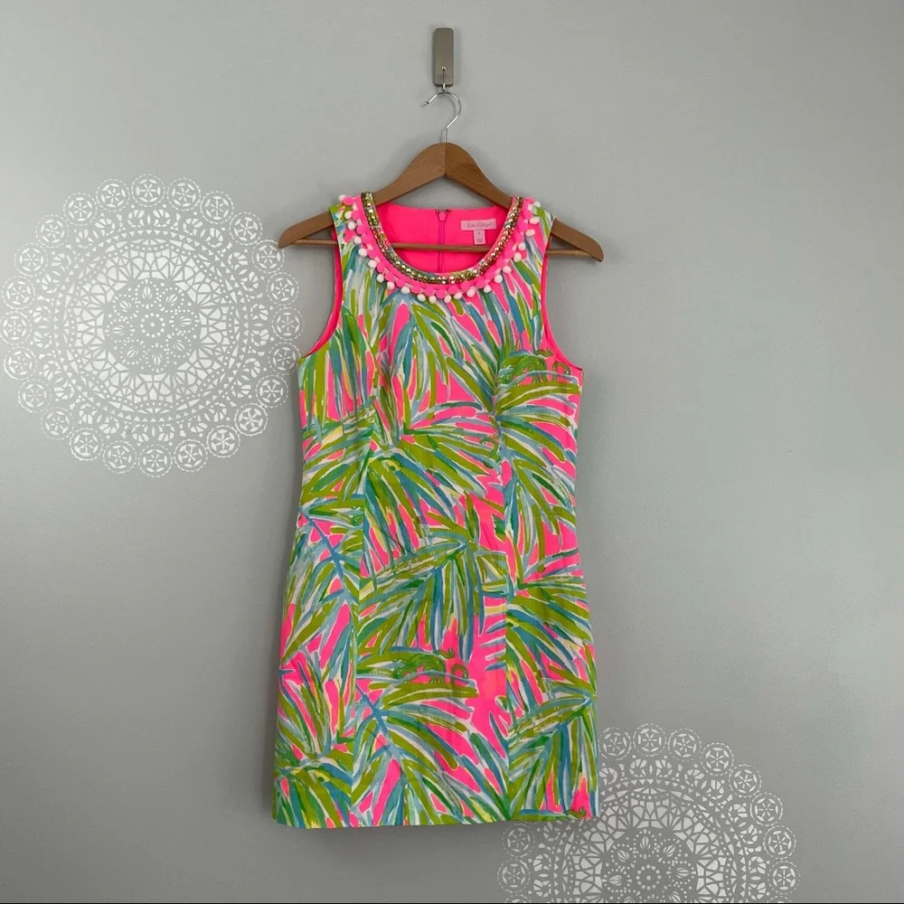 Lilly Pulitzer Mila Shift Dress Embellished Tiki Pink Royal Lime